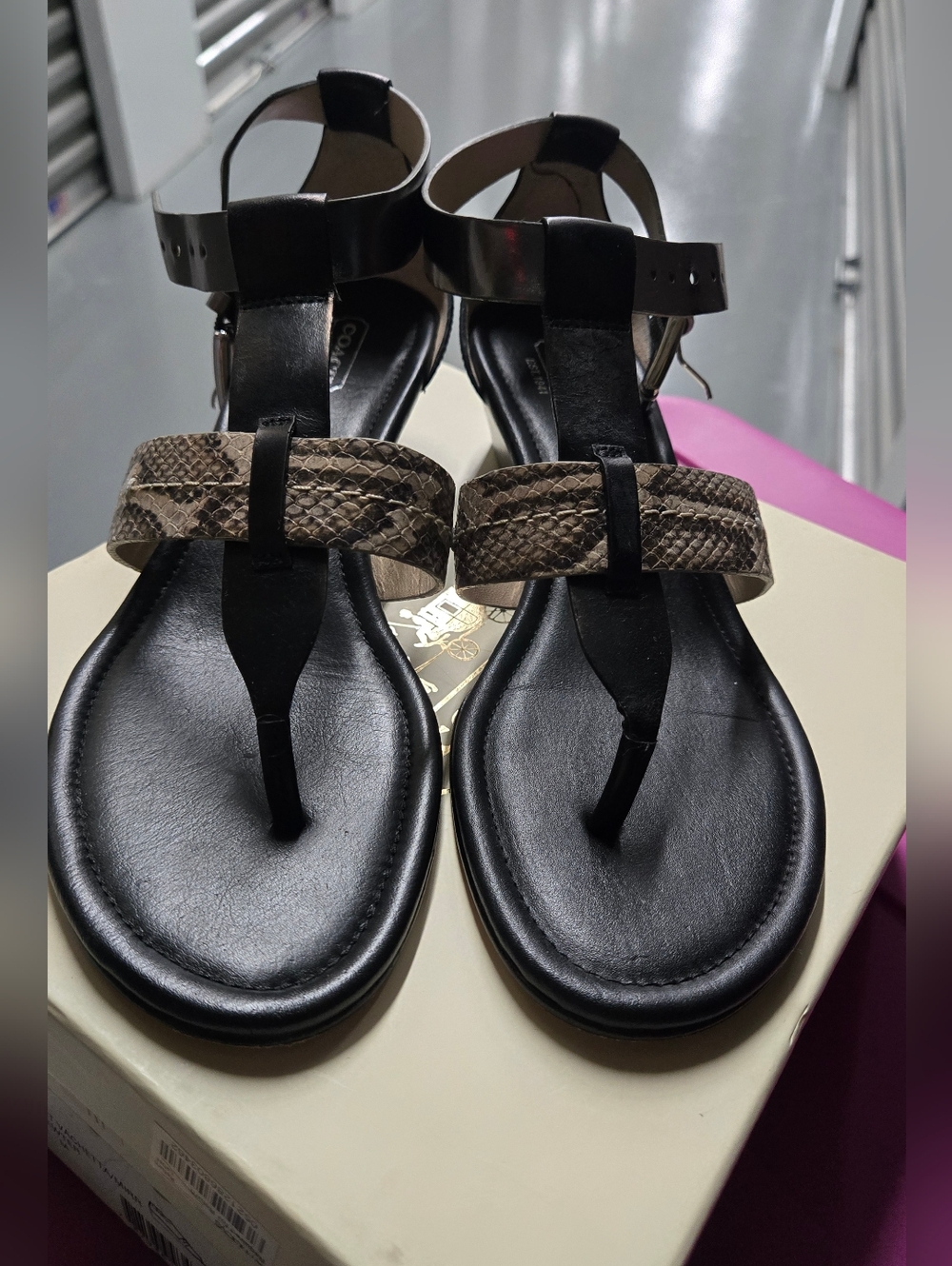 Coach Leather Sandals Black And Snakeskin Print - Picture 2 of 9
